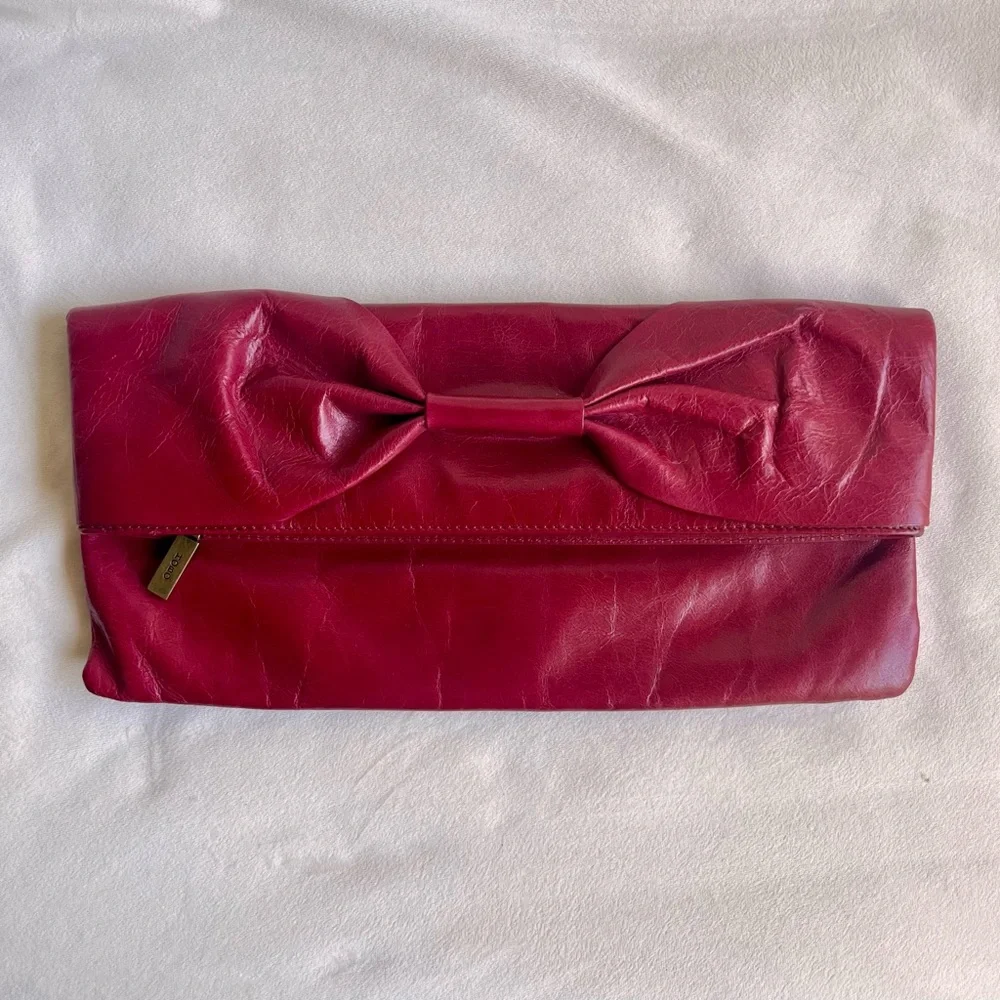 HOBO International Leather Bow Clutch Purse in Pink Red Fuchsia - Picture 3 of 11